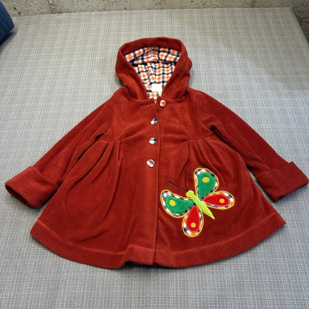 Maria Elena Girls Red Fleece Hooded Coat 4T Butterfly Patch Gingham‎ Lining Cute
